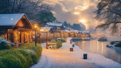 温馨冬日河畔小镇