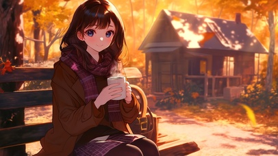 治愈可爱动漫女孩秋季黄色枫叶林