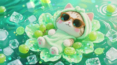 夏日青提冰浴里的墨镜萌猫