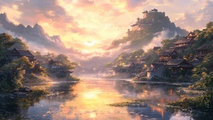 朦胧山水日出古镇美景