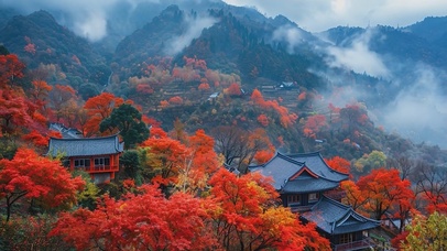 4K秋季山峰云雾村落古镇红叶秋