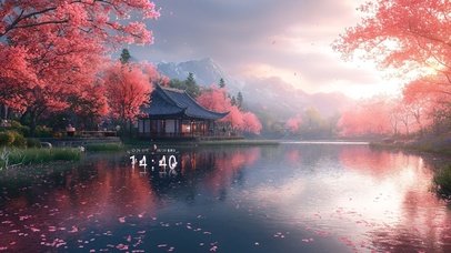 唯美夕阳樱花湖畔