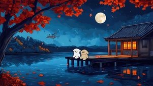 江枫月夜线条小狗