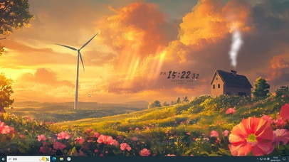 落日云霞山坡小屋