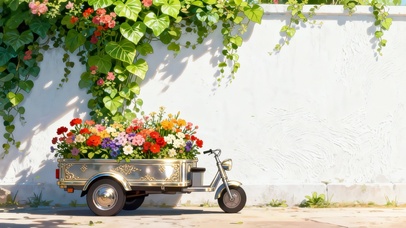 墙边鲜花小车