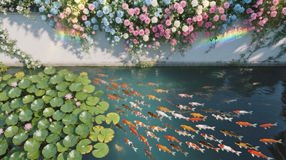 花墙荷塘锦鲤