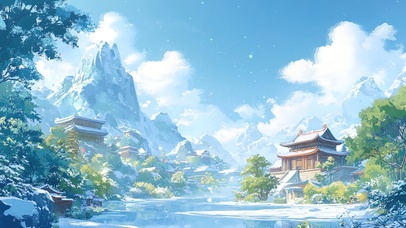 冬日古镇高山湖泊风景