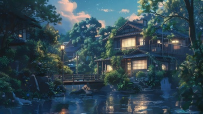 夜晚桥边小屋