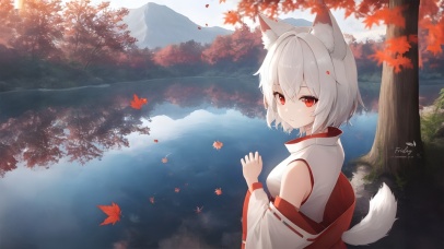 湖边枫叶少女