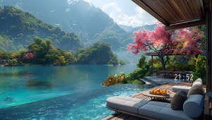 惬意樱花湖景山水
