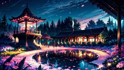 夜晚有亭子的小院