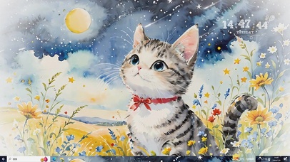 4K水彩夜晚望着月亮的猫主题