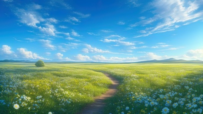 晴天草原花海小径