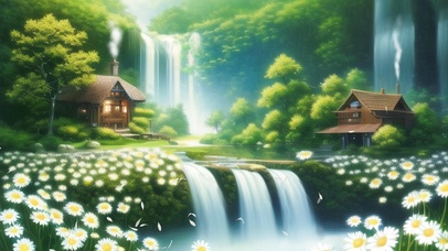 瀑布雏菊花海小木屋