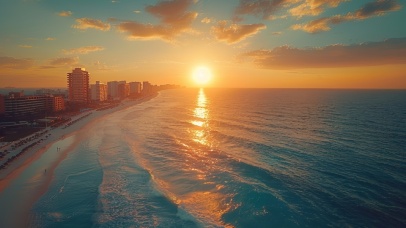 落日余晖海边城市海岸线