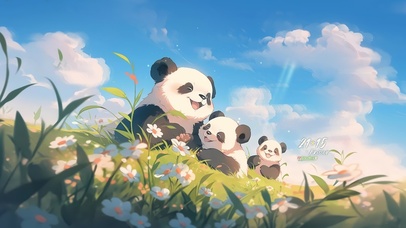 草地鲜花熊猫