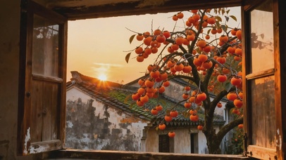 古村柿树窗景