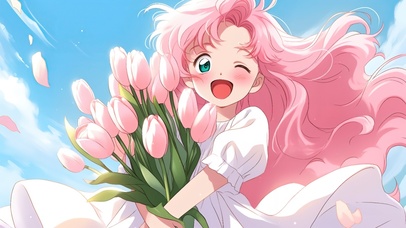 小清新蓝天捧花女孩