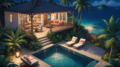 夜晚海边泳池小屋