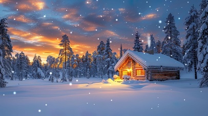  晚霞北欧雪原温馨小屋