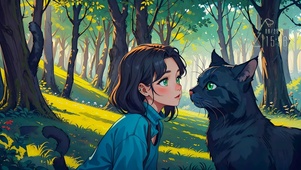 森林里的女孩和猫