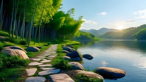 大自然风景竹林小径湖泊