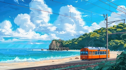 海边缓缓驶过的列车