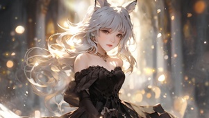 白发狐耳黑色晚礼服的美少女