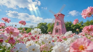 粉风车与花田