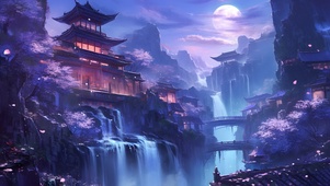 月夜樱花古风建筑