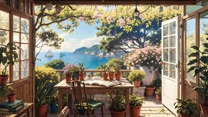 书房窗外的海景