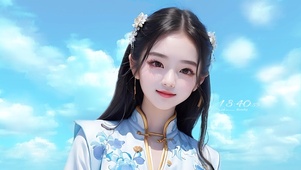 4K蓝天白云下治愈笑容的少女