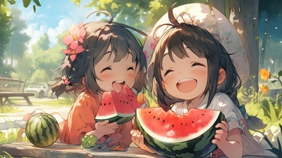 夏天吃西瓜可爱的好姐妹治愈唯美