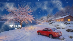 夜晚樱花树木雪景