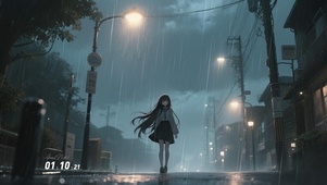 街边雨幕中少女