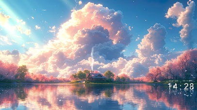 夕阳樱花湖景小屋