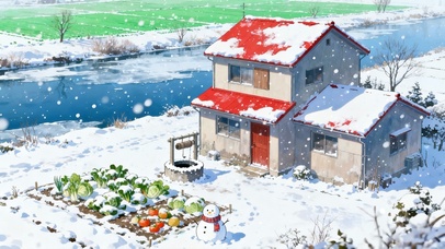 冬日河边菜田小屋