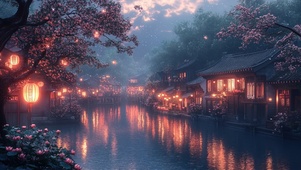 傍晚中的水乡古城风景