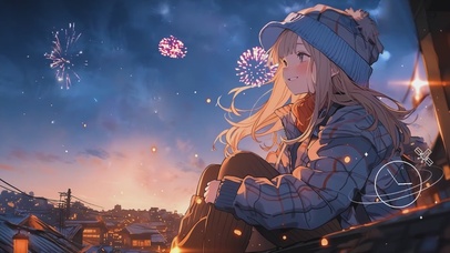 坐在屋顶看烟花的女孩