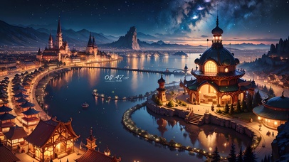 4K唯美治愈梦幻星空河流小镇