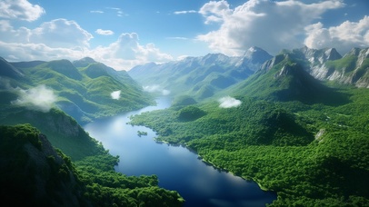 4K 高山流水 蓝天白云