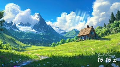 护眼绿色草地木屋