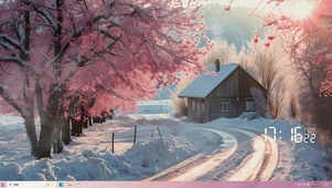 雪景樱花树木房屋主题