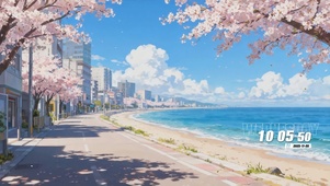 樱花树木房屋海景