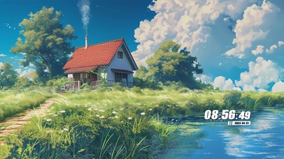 治愈蓝天白云房屋花草树木景色