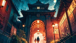 夜晚雨中的中国风城市