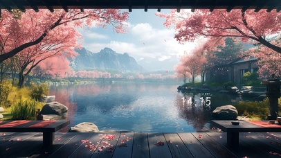 古风湖畔樱花阁楼