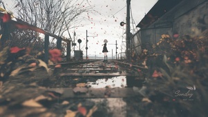 秋日雨天久铁轨少女