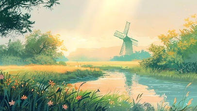 秋日黄昏小镇风车