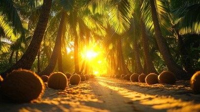 茂密金色阳光椰树林